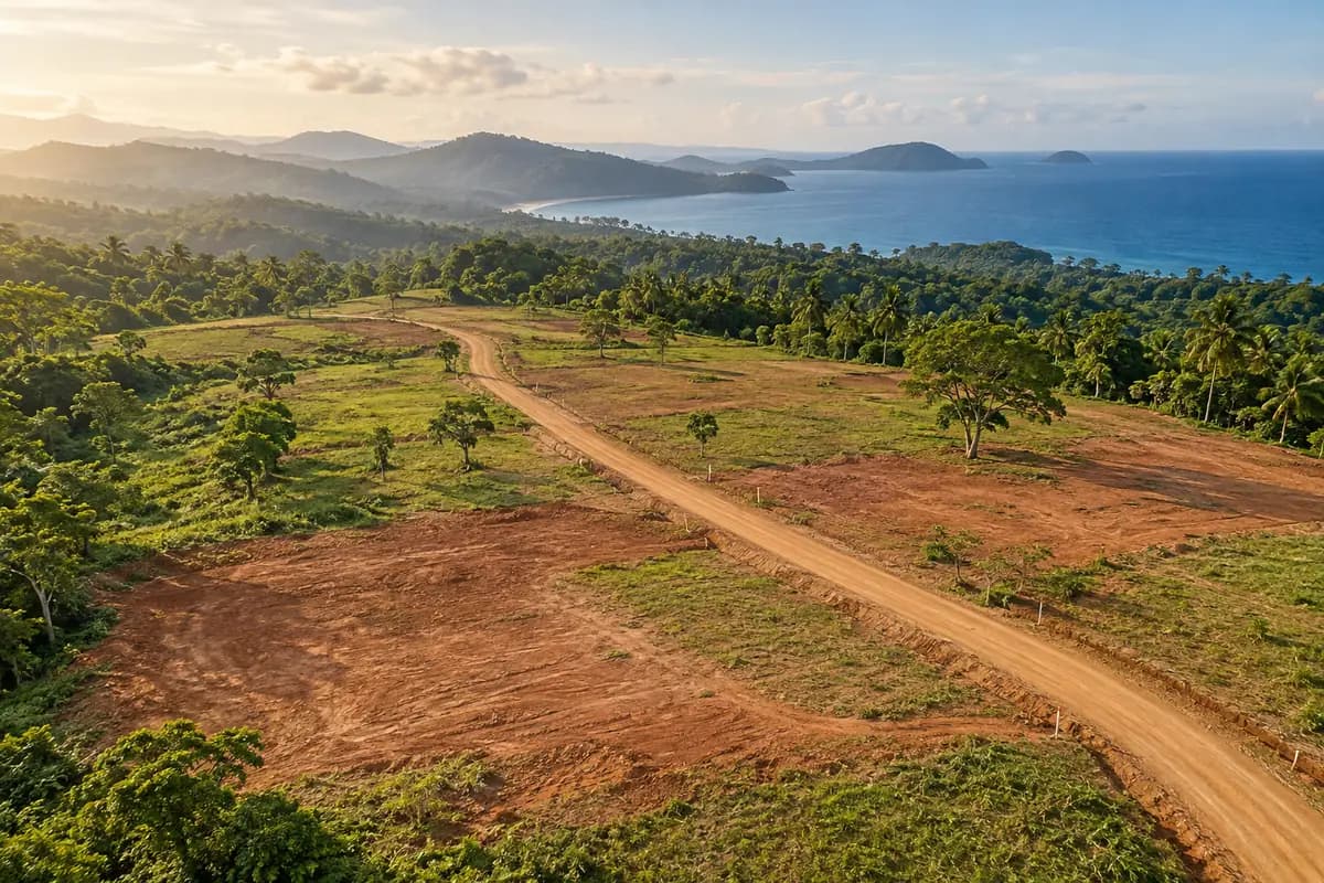 Aerial view of a cleared land plot with an access road