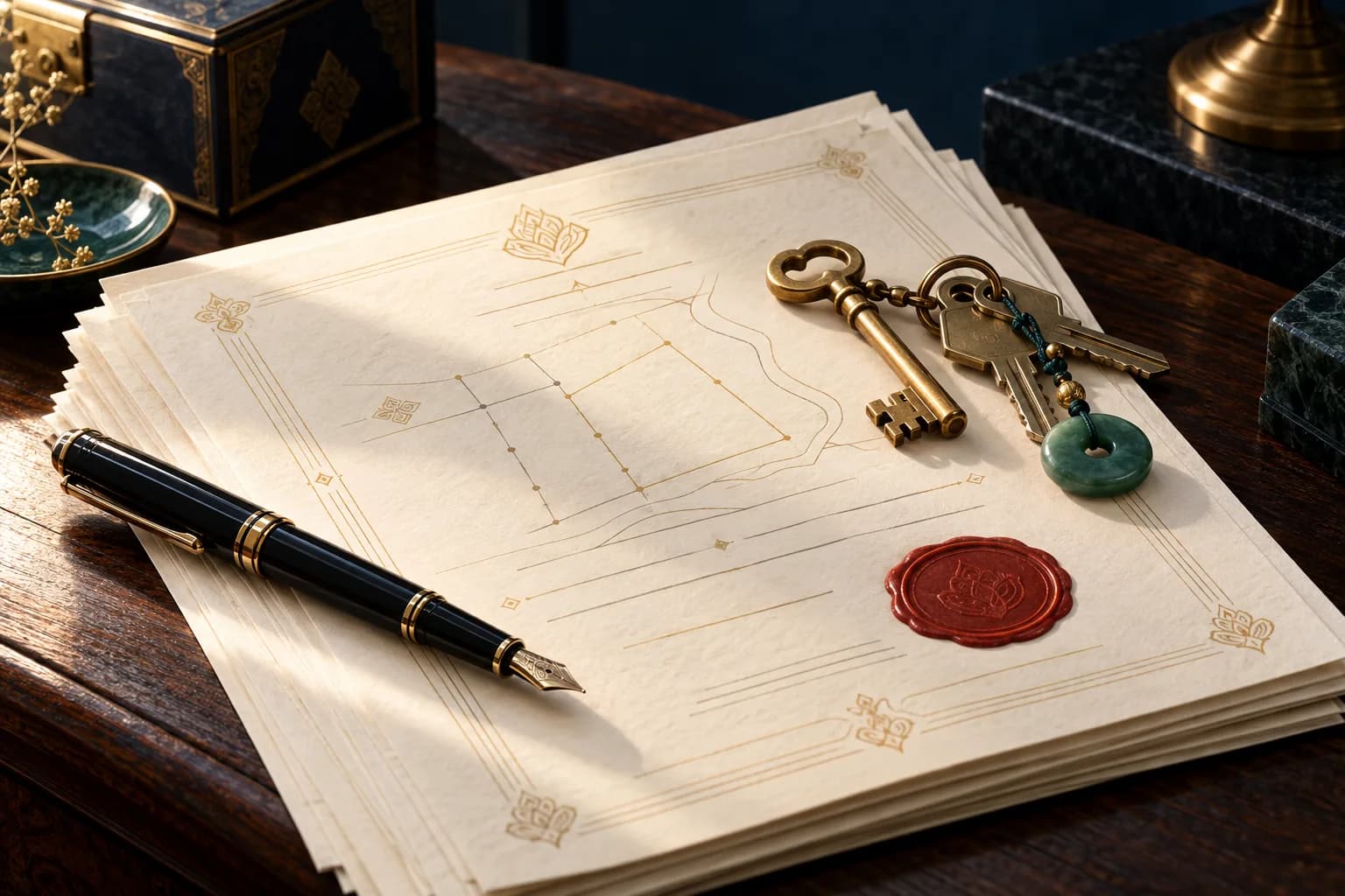 Documents, a brass key and a pen on a desk