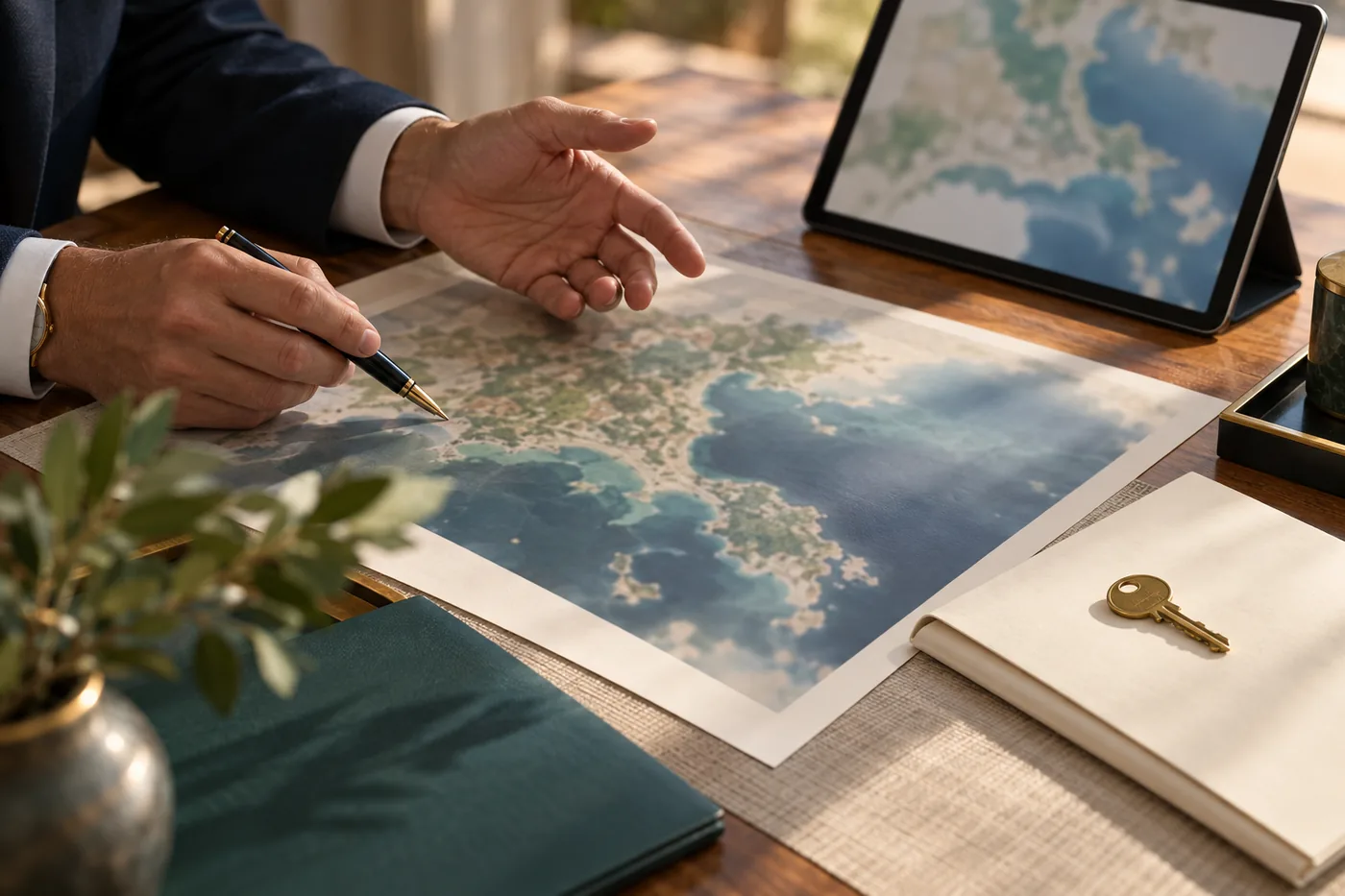A consultant reviewing a property map and documents