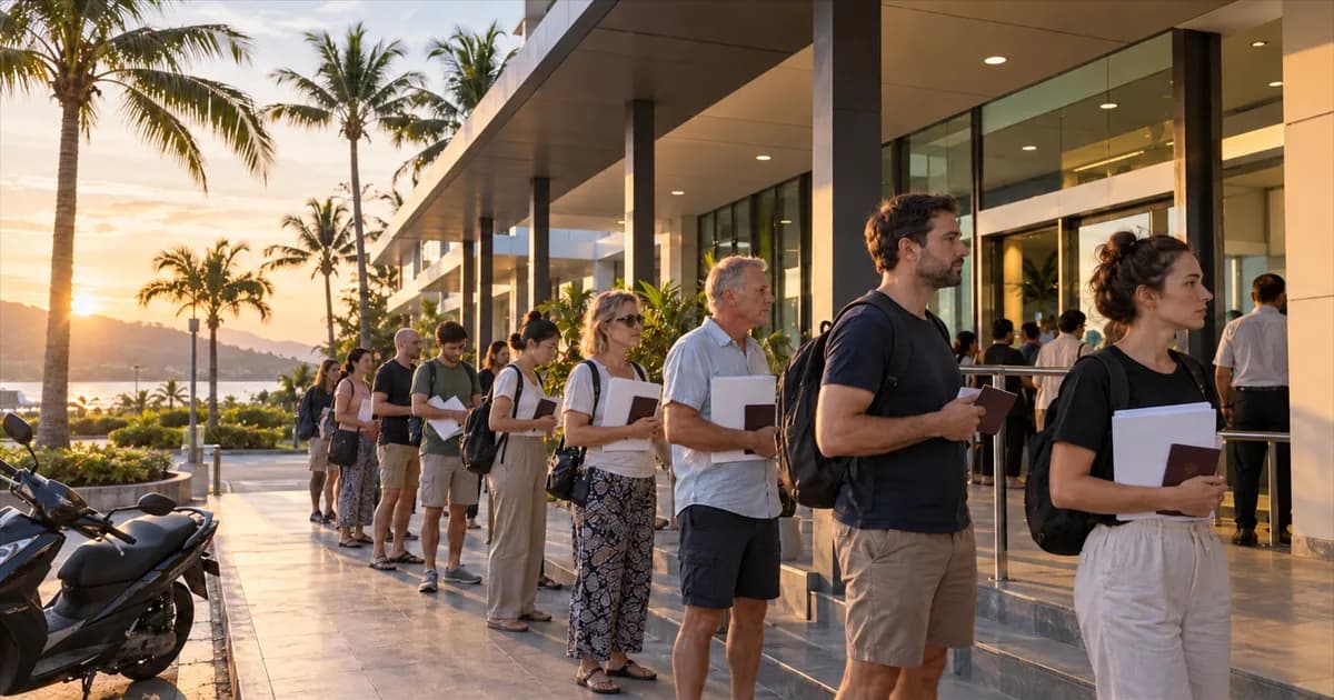 Foreign residents queue outside a modern Thai immigration office in Phuket at sunrise, holding passports and documents under palm trees