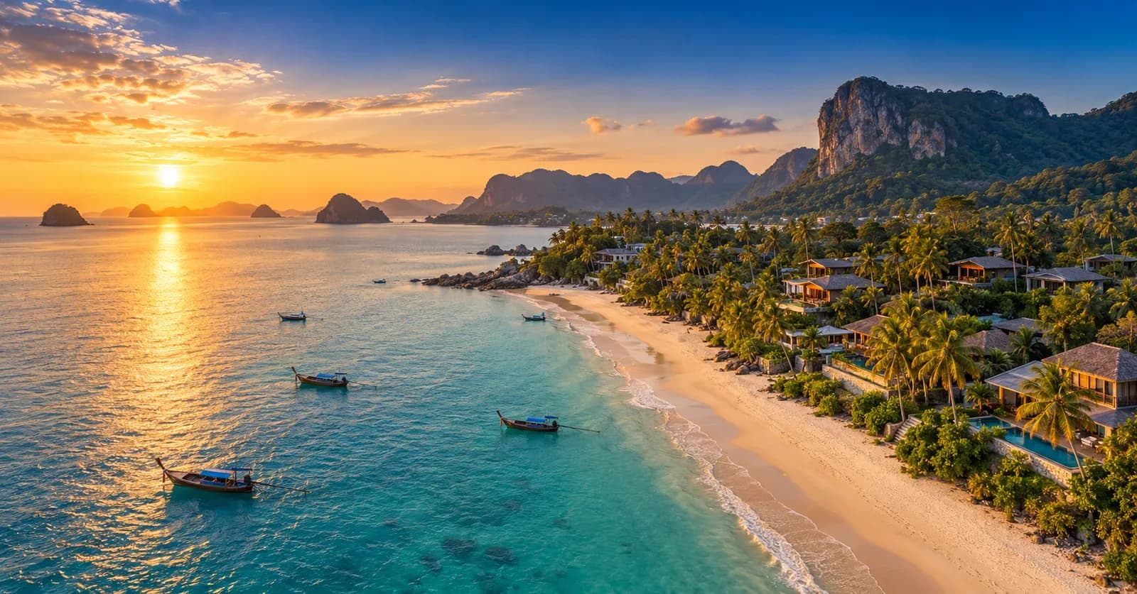 Aerial view of a tropical Thai coastline at sunset with villas and palm trees, illustrating Thailand's 2026 foreign property ownership rules