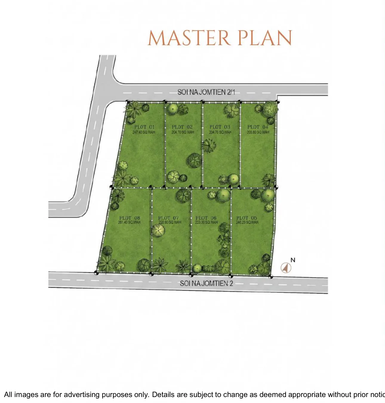 Bliss Jomtien master plan — 8 plots, A1–A4 north row and A5–A8 south row, with sizes in sq.wah
