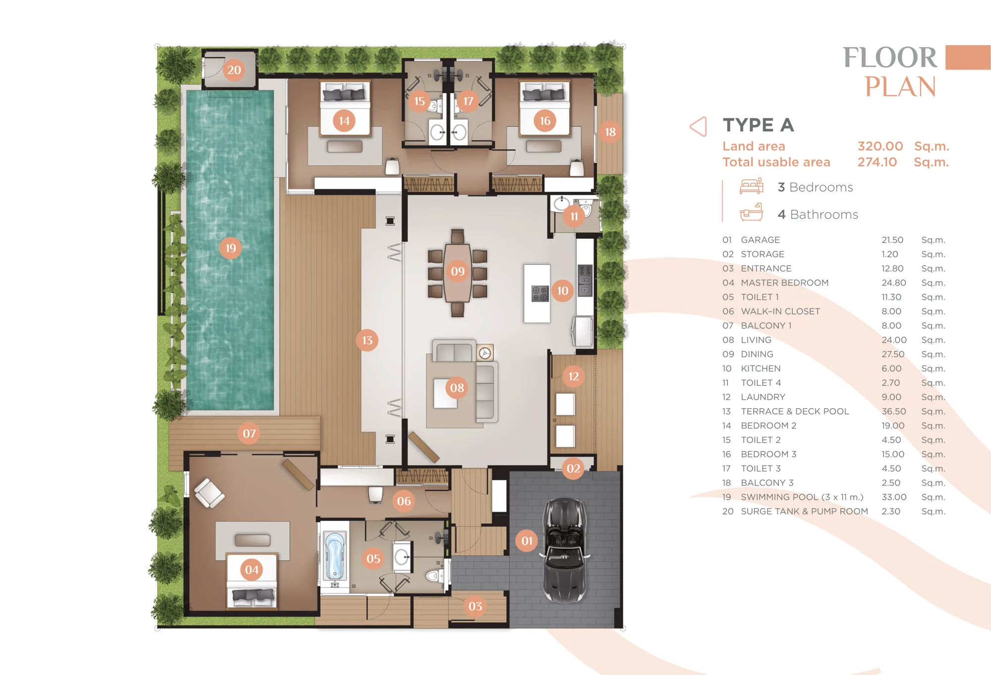 Monetaria Villas — план типа A, участок 320 м², полезная площадь 274,10 м², 3 сп/4 сан
